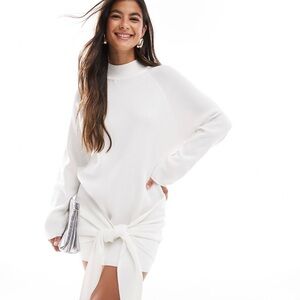 SNDYS premium knitted knot front drape detail mini dress in white